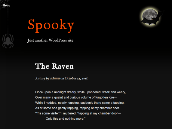 The theme is black with white text and orange accent color. It has a menu with an animated spider and cobweb, and a moon with a bat infront of it in the header.