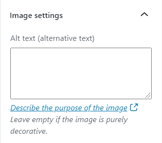 An image of the editor setting where a user can enter the alternative text. The text setting has a text area and a link to information about how to write a better alternative text.